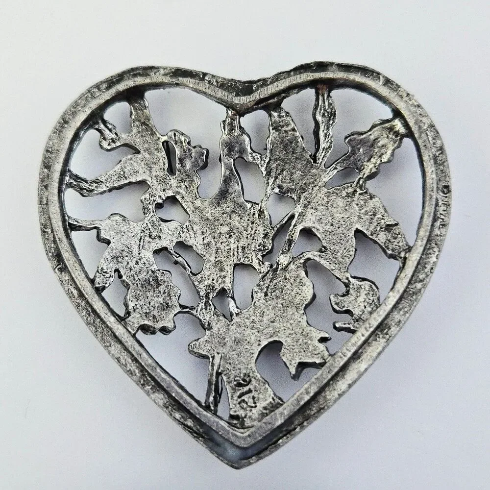Vintage Metzke Heart Shape Pewter Trinket Jewelry Box Pewter Roses Floral 70s